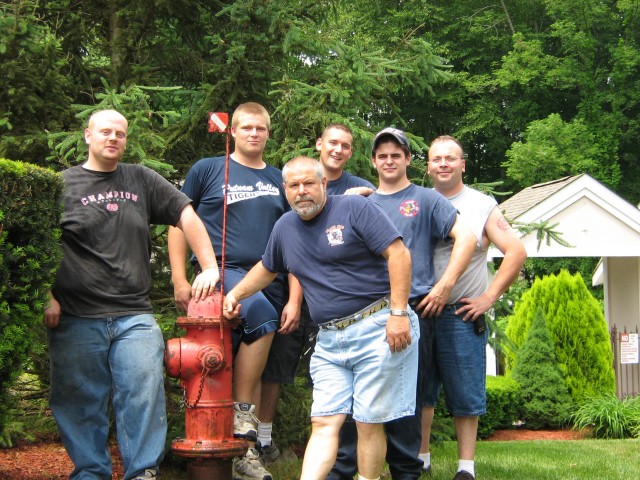 The crew L to R: Firefighters Wulkan, Cobb, Jakubowski, LaDuca, 1st Lieut Keeler--In front Co. Engineer Proetta